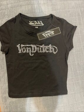 Von Dutch Black Rhinestone Logo Short Sleeve Tee